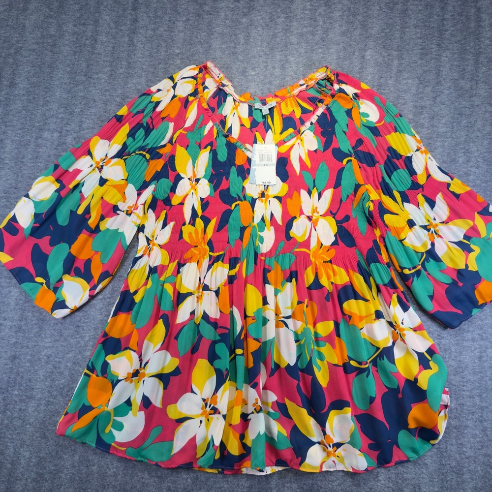 Floral & Ivy Womens 1X Peplum Blouse Multi Color Floral Smocked Top T18028483XBV